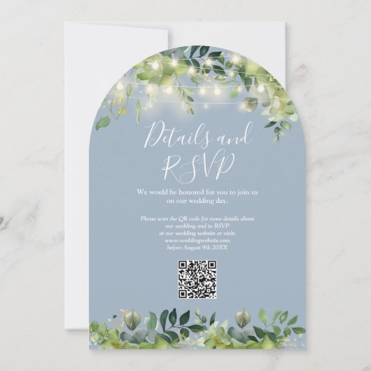 Greenery Lights Arch Dusty Blue QR Code Wedding Kaart (Achterkant)
