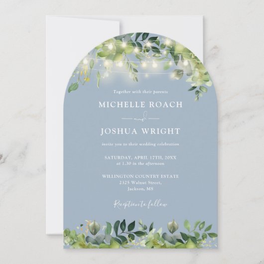 Greenery Lights Arch Dusty Blue QR Code Wedding Kaart (Voorkant)