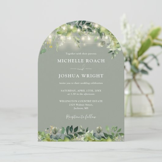 Greenery Lights Arch Sage Green QR Code Trouwen Kaart (Staand voorkant)