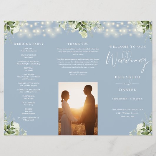 Greenery Lights Dusty Blue Trifold Wedding Program Flyer (Voorkant)