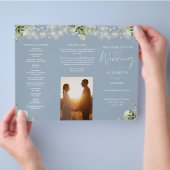 Greenery Lights Dusty Blue Trifold Wedding Program Flyer (Hand)