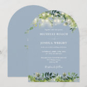 Greenery Lights Monogram Dusty Blue Wedding Kaart (Voorkant / Achterkant)