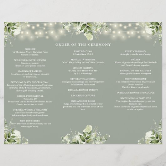 Greenery Lights Sage Green Trifold Wedding Program Flyer (Achterkant)