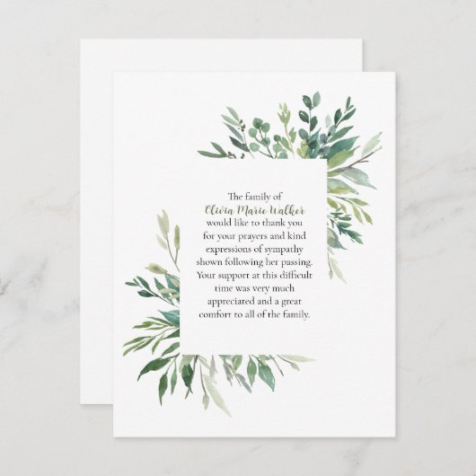 Greenery Lijst Funeral Script Dank u Noteer Kaart (Voorkant / Achterkant)