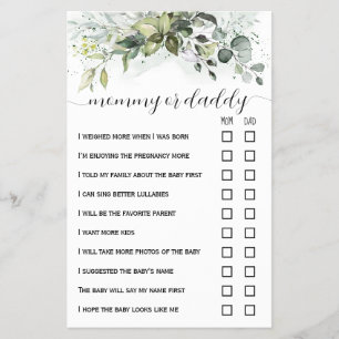 Greenery Ma of Dad Baby shower Game Kaart