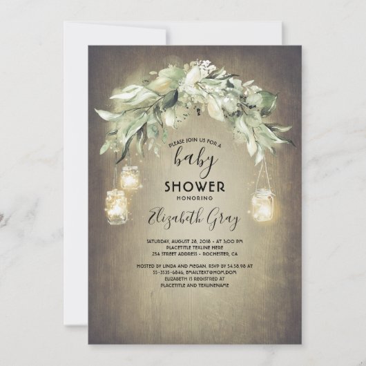 Greenery Mason Jar Lights Rustiek Baby shower Kaart (Voorkant)