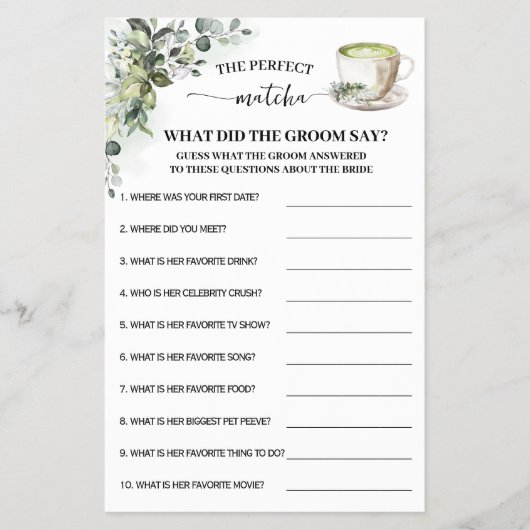 Greenery Matcha What Groom Say Shower Game Card Flyer (Voorkant)