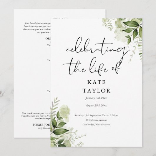 Greenery Memorial Funeral Order Of Service  Programma (Voorkant / Achterkant)