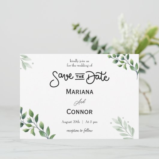Greenery Minimal Save the Date Uitnodiging (Staand voorkant)
