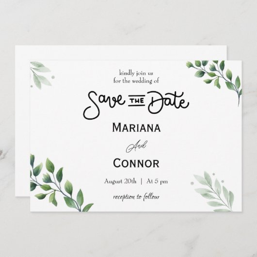 Greenery Minimal Save the Date Uitnodiging (Voorkant / Achterkant)