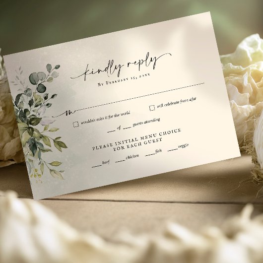 Greenery Minimalist Script Wedding RSVP Reply Kaar