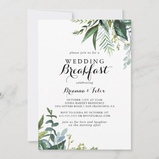 Greenery Modern Calligraphy Wedding Breakfast Kaart (Voorkant)