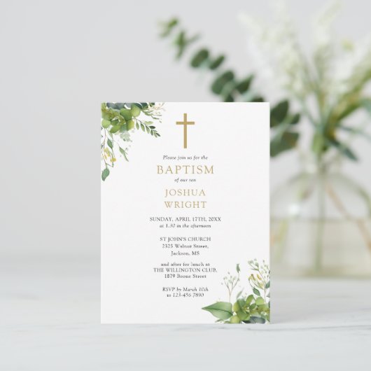 Greenery Monogram Doopsel Uitnodiging (Staand voorkant)