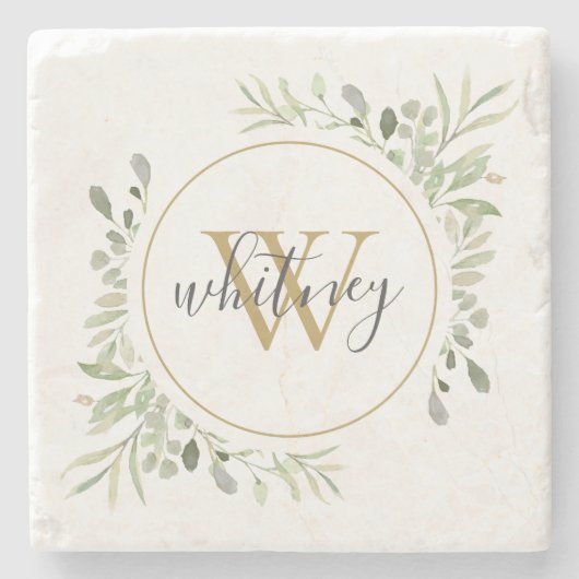 Greenery Monogram Elegant Script Stenen Onderzetter (Voorkant)