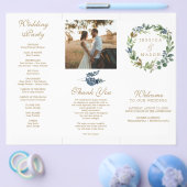 Greenery Navy Gold Tri-Fold Wedding Programma's Flyer (Enkel)