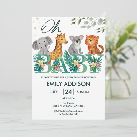 Greenery Oerwoud Safari Animals Oh Baby shower Kaart (Staand voorkant)