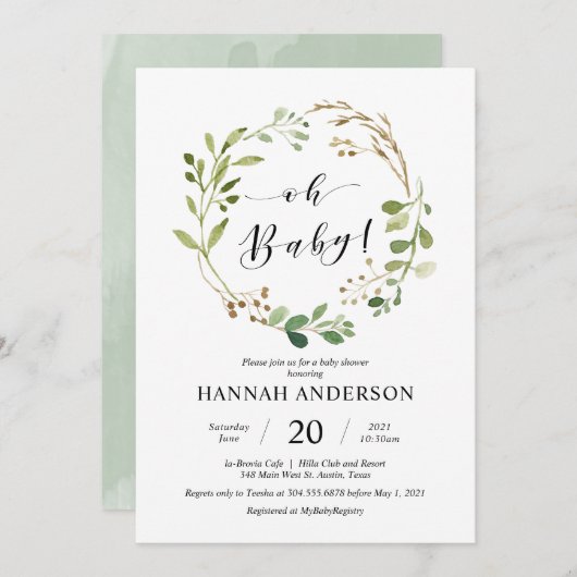 Greenery Oh Baby shower Modern Script Kaart (Voorkant / Achterkant)