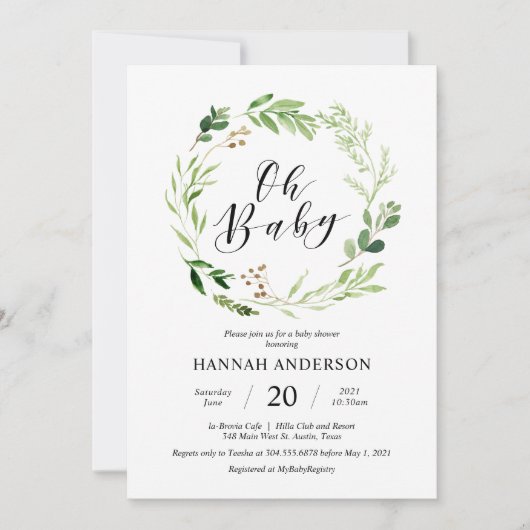 Greenery Oh Baby shower Modern Script Kaart (Voorkant)