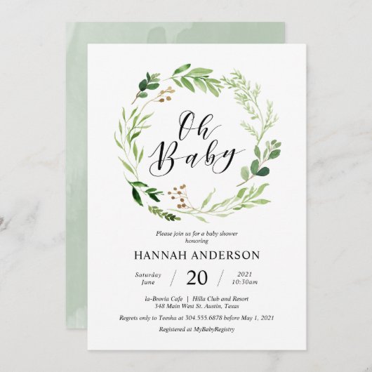 Greenery Oh Baby shower Modern Script Kaart (Voorkant / Achterkant)