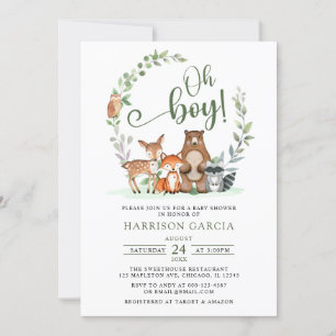 Greenery Oh Boy Woodland Animals Baby shower Kaart