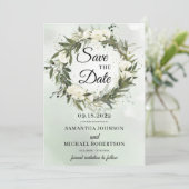 Greenery olijfbladgroen met witte rozen save the date (Staand voorkant)