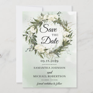 Greenery olijfbladgroen met witte rozen save the date