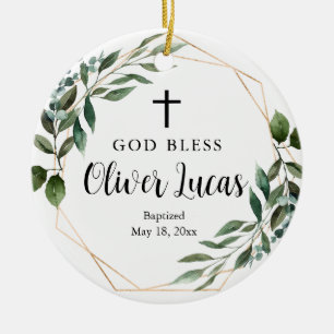 Greenery Personalized Baptism Ceramic Ornament