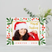 Greenery Photo Merriest Kerstscript Red Gold Folie Feestdagenkaart (Staand Voorkant)