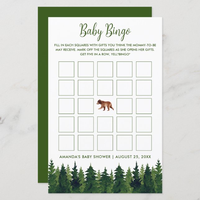 Greenery Pine Trees Baby Bingo Baby shower (Voorkant / Achterkant)