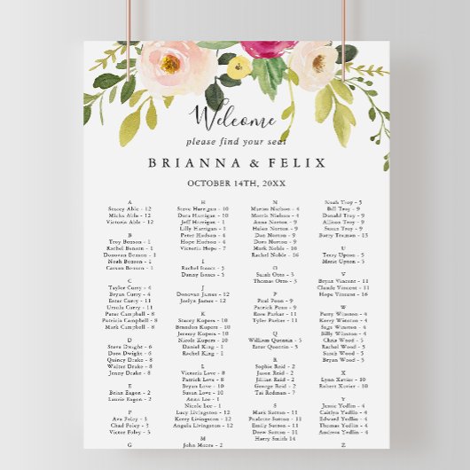 Greenery Pink Blush Alfabetical Seating Chart Poster