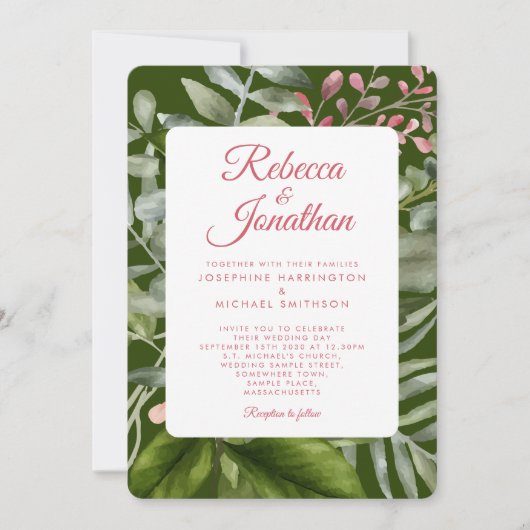 Greenery Pink Emerald Green Foliage Wedding Kaart (Voorkant)