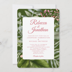 Greenery Pink Emerald Green Foliage Wedding Kaart