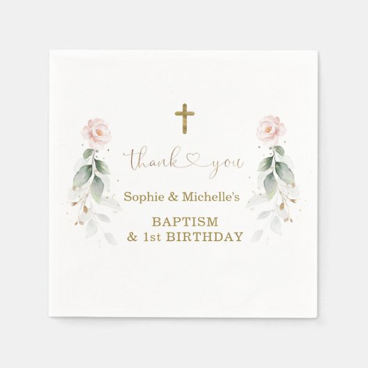 Greenery Pink Floral Gold Baptisme 1e verjaardag Servet (Voorkant)