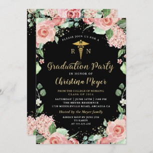 Greenery Pink Floral RN Nursing Graduation Party Kaart