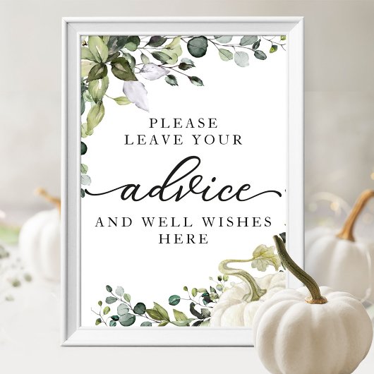 Greenery Pumpkin Baby shower Advice Sign Poster