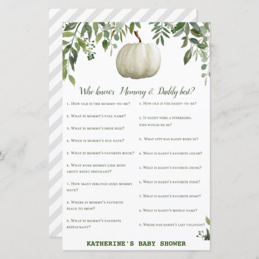 Greenery Pumpkin Baby shower Game PRINED (Voorkant / Achterkant)