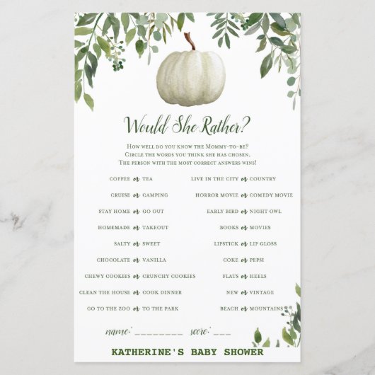 Greenery Pumpkin Baby shower Game PRINED (Voorkant)