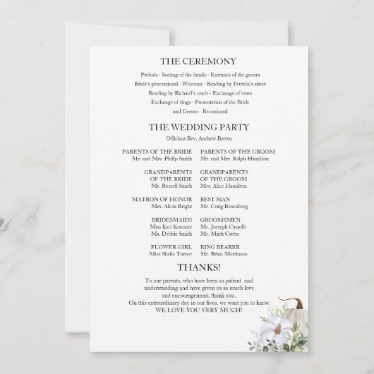 Greenery Pumpkin Fall Wedding Ceremony Programma (Achterkant)