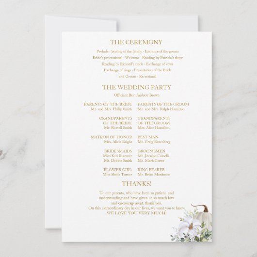 Greenery Pumpkin Fall Wedding Ceremony Programma (Achterkant)