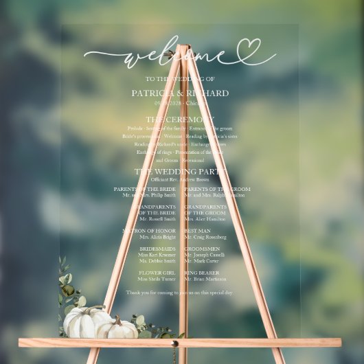 Greenery Pumpkin Fall Wedding Program Sign Acryl Bord (Neutraal)