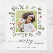 Greenery Red Berries Holiday Foto Wijn Etiket (Enkel label)