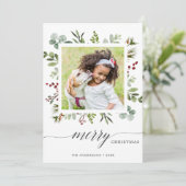 Greenery Red Berries Holiday Fotokaart Feestdagenkaart (Staand voorkant)