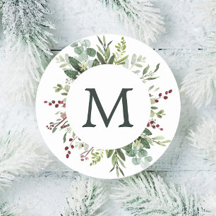 Greenery Red Berries Holiday Monogram Ronde Sticker