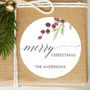 Greenery Red Berries Holiday Ronde Sticker