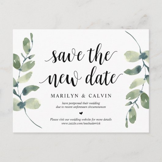 Greenery, red de nieuwe datum, bruiloft uitgesteld briefkaart (Voorkant)