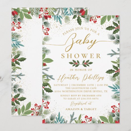 Greenery Red Holly Berries kerstBaby shower Kaart (Voorkant / Achterkant)