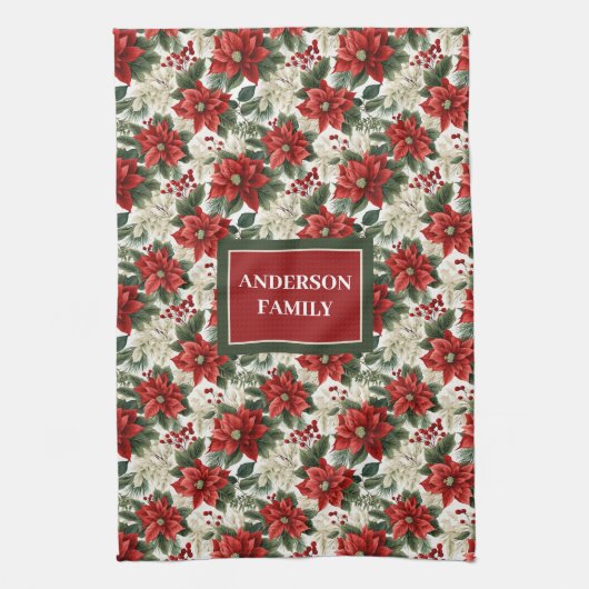 Greenery & Red Poinsettia Towel Elegant Holiday Theedoek (Verticaal)