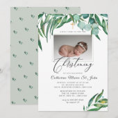 Greenery Rustic Eucalyptus Foto Christening Kaart (Voorkant / Achterkant)