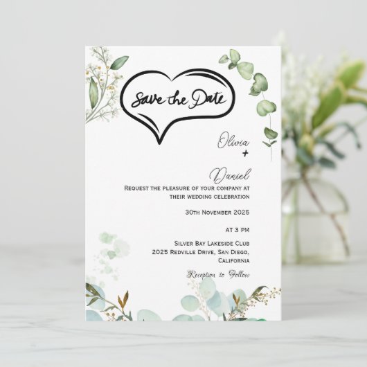 Greenery Rustic Save The Date Invitation (Debout devant)
