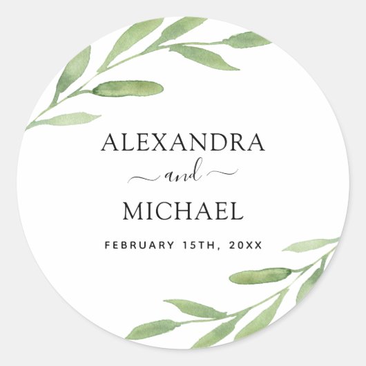 Greenery Rustic Simple Elegant Waterverf Wedding Ronde Sticker (Voorkant)